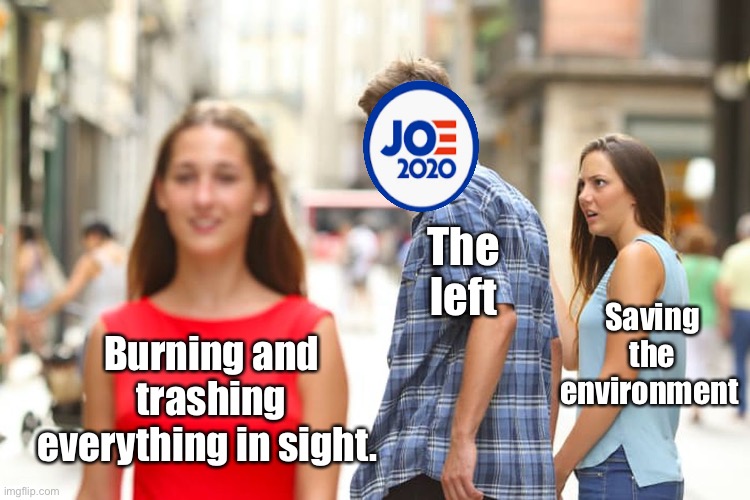 Only when it’s convenient | The 
left; Saving the environment; Burning and trashing everything in sight. | image tagged in memes,distracted boyfriend,politics,environmental,joe biden | made w/ Imgflip meme maker