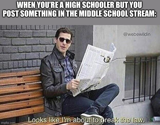 Looks like i'm about to break the law | WHEN YOU’RE A HIGH SCHOOLER BUT YOU POST SOMETHING IN THE MIDDLE SCHOOL STREAM: | image tagged in looks like i'm about to break the law,memes | made w/ Imgflip meme maker