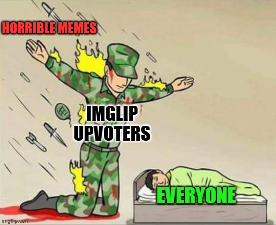 Our Soldiers | HORRIBLE MEMES; IMGLIP UPVOTERS; EVERYONE | image tagged in soldier protecting sleeping child | made w/ Imgflip meme maker