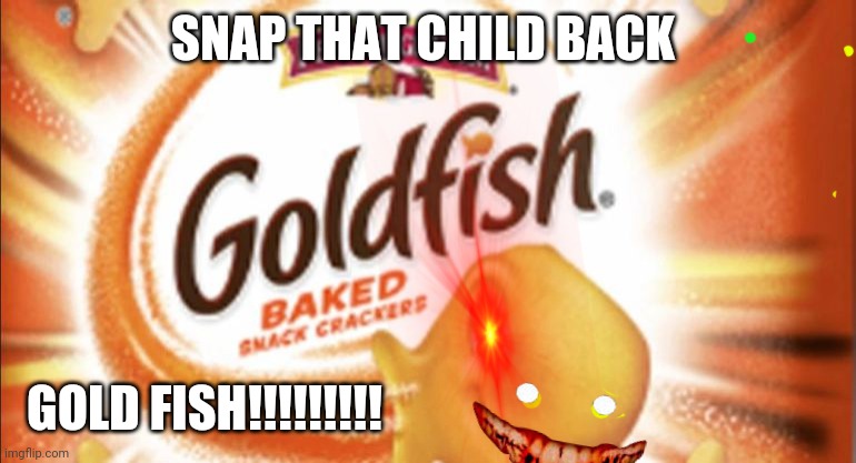 Goldfish now with Salmonella | SNAP THAT CHILD BACK; GOLD FISH!!!!!!!!! | image tagged in goldfish now with salmonella,memes,funny,scary | made w/ Imgflip meme maker