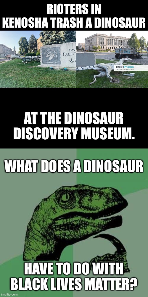 Will dinosaurs get reparations? | RIOTERS IN KENOSHA TRASH A DINOSAUR; AT THE DINOSAUR DISCOVERY MUSEUM. WHAT DOES A DINOSAUR; HAVE TO DO WITH BLACK LIVES MATTER? | image tagged in memes,philosoraptor,black box,black lives matter,trash,protest | made w/ Imgflip meme maker