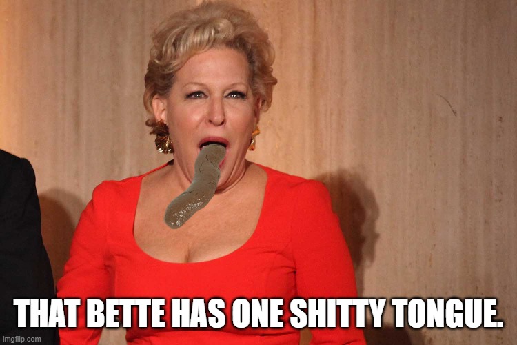 Never a nice word to say about the President makes Old Butte Mudler a shitty tonque. | THAT BETTE HAS ONE SHITTY TONGUE. | image tagged in bette midler,butt muncher,pedophile,shit talker | made w/ Imgflip meme maker