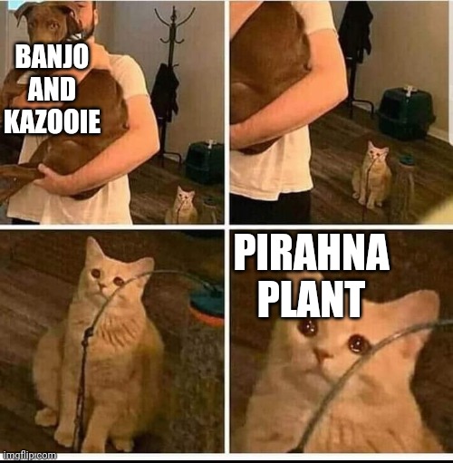 Banjo Kazooie for smash took piranha plant's spot as favorite | BANJO AND KAZOOIE; PIRAHNA PLANT | image tagged in man holding dog but cat is sad | made w/ Imgflip meme maker