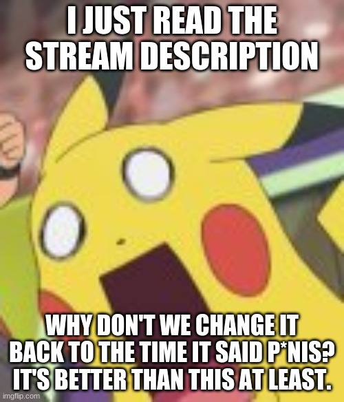 Pikachu Shocked | I JUST READ THE STREAM DESCRIPTION; WHY DON'T WE CHANGE IT BACK TO THE TIME IT SAID P*NIS? IT'S BETTER THAN THIS AT LEAST. | image tagged in pikachu shocked | made w/ Imgflip meme maker