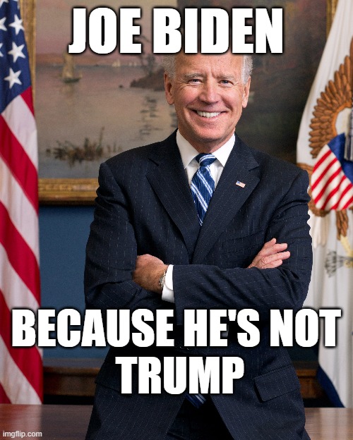 Because He's Not Trump | JOE BIDEN; BECAUSE HE'S NOT 
TRUMP | image tagged in joe biden,election 2020 | made w/ Imgflip meme maker