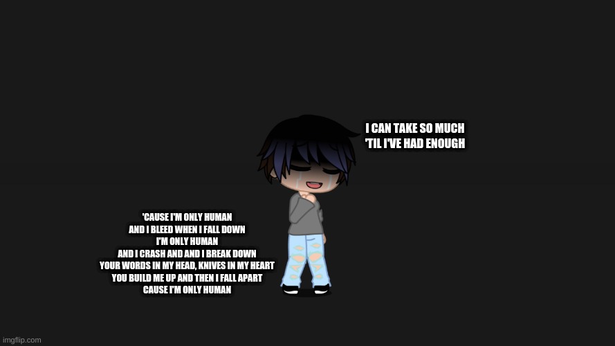Me in a nutshell: | I CAN TAKE SO MUCH
'TIL I'VE HAD ENOUGH; 'CAUSE I'M ONLY HUMAN
AND I BLEED WHEN I FALL DOWN
I'M ONLY HUMAN
AND I CRASH AND AND I BREAK DOWN
YOUR WORDS IN MY HEAD, KNIVES IN MY HEART
YOU BUILD ME UP AND THEN I FALL APART
CAUSE I'M ONLY HUMAN | made w/ Imgflip meme maker