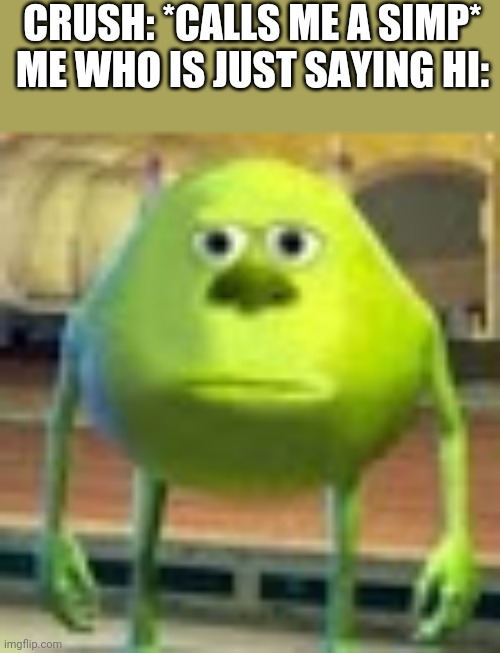 Sully Wazowski | CRUSH: *CALLS ME A SIMP* ME WHO IS JUST SAYING HI: | image tagged in sully wazowski,memes,simp | made w/ Imgflip meme maker