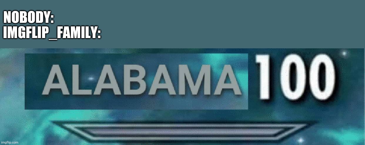 Alabama 100 | NOBODY:                  
IMGFLIP_FAMILY: | image tagged in alabama 100 | made w/ Imgflip meme maker