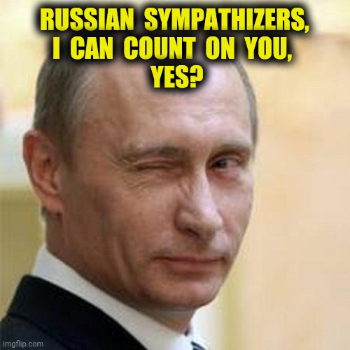 Always Trolling | RUSSIAN  SYMPATHIZERS,
I  CAN  COUNT  ON  YOU, 
 YES? | image tagged in putin winking,russian,sympathizers,operatives,memes,politics | made w/ Imgflip meme maker