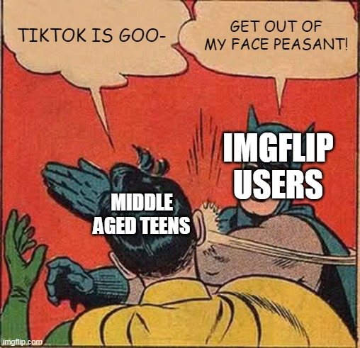 Peasant teens. | TIKTOK IS GOO-; GET OUT OF MY FACE PEASANT! IMGFLIP USERS; MIDDLE AGED TEENS | image tagged in memes,batman slapping robin | made w/ Imgflip meme maker