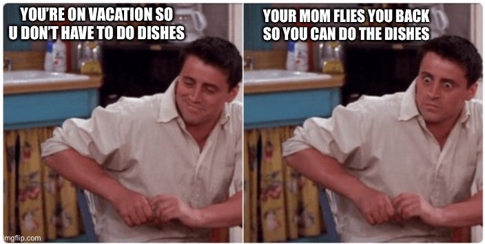 It’s really funny when you realize you read this “caption” for know reason | YOUR MOM FLIES YOU BACK SO YOU CAN DO THE DISHES; YOU’RE ON VACATION SO U DON’T HAVE TO DO DISHES | image tagged in joey from friends | made w/ Imgflip meme maker