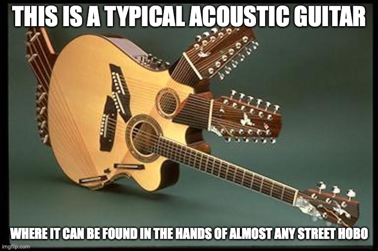 42 String Guitar | THIS IS A TYPICAL ACOUSTIC GUITAR; WHERE IT CAN BE FOUND IN THE HANDS OF ALMOST ANY STREET HOBO | image tagged in guitar,memes | made w/ Imgflip meme maker