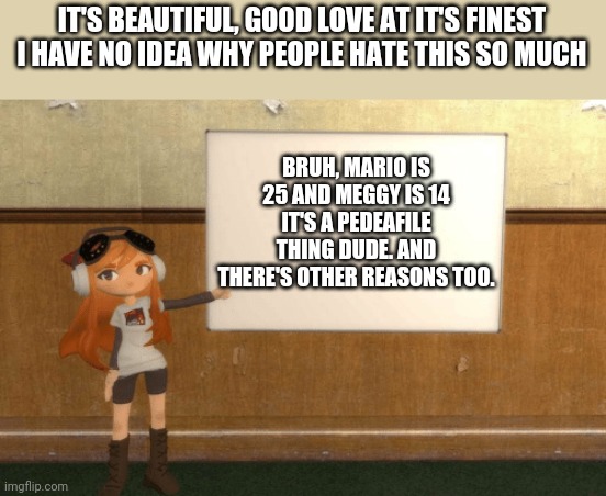 Here's your answer the dude who asked me! or were you just joking? | IT'S BEAUTIFUL, GOOD LOVE AT IT'S FINEST

I HAVE NO IDEA WHY PEOPLE HATE THIS SO MUCH; BRUH, MARIO IS 25 AND MEGGY IS 14 IT'S A PEDEAFILE THING DUDE. AND THERE'S OTHER REASONS TOO. | image tagged in smg4s meggy pointing at board,mario,smg4,memes | made w/ Imgflip meme maker