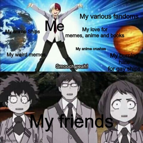 My weirdness | My various fandoms; Me; My love for memes, anime and books; My anime Ships; My anime crushes; My weird memes; My burning hate for gay ships; My friends | image tagged in weird todoroki smooch yeah | made w/ Imgflip meme maker