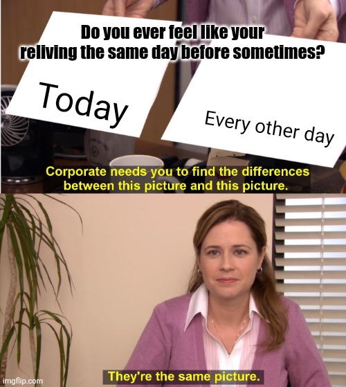 Do you ever feel like you ever relive the same day? Over and over again? | Do you ever feel like your reliving the same day before sometimes? Today; Every other day | image tagged in memes,they're the same picture | made w/ Imgflip meme maker