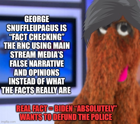 George Snuffleupagus - Fact checking? | GEORGE SNUFFLEUPAGUS IS “FACT CHECKING” THE RNC USING MAIN STREAM MEDIA’S FALSE NARRATIVE AND OPINIONS INSTEAD OF WHAT THE FACTS REALLY ARE; REAL FACT = BIDEN “ABSOLUTELY” WANTS TO DEFUND THE POLICE | image tagged in fact checking,main stream media,biased media,george stephanopoulos,sesame street | made w/ Imgflip meme maker