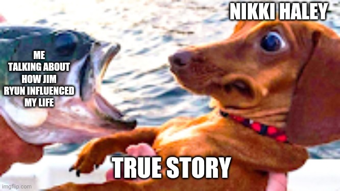 Meeting famous people | NIKKI HALEY; ME TALKING ABOUT HOW JIM RYUN INFLUENCED MY LIFE; TRUE STORY | image tagged in fish and dog,true story,governor,south carolina,running | made w/ Imgflip meme maker