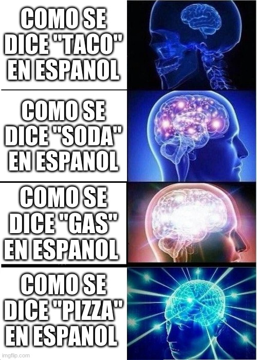 Expanding Brain | COMO SE DICE "TACO" EN ESPANOL; COMO SE DICE "SODA" EN ESPANOL; COMO SE DICE "GAS" EN ESPANOL; COMO SE DICE "PIZZA" EN ESPANOL | image tagged in memes,expanding brain | made w/ Imgflip meme maker