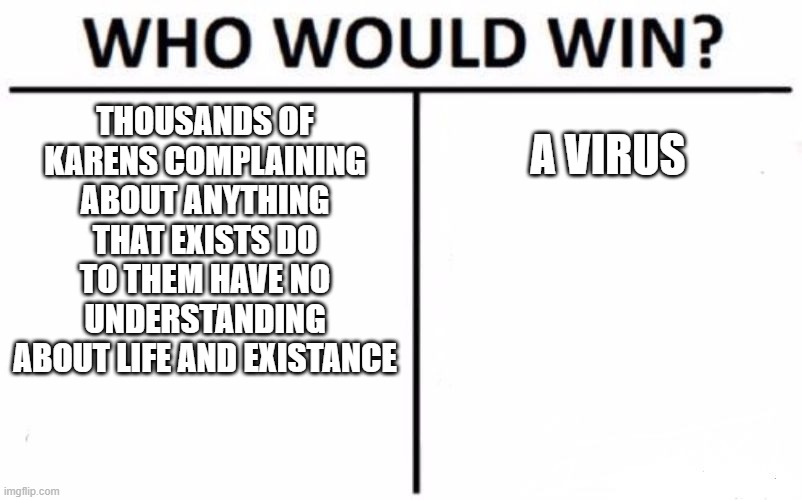 Who Would Win? Meme | THOUSANDS OF KARENS COMPLAINING ABOUT ANYTHING THAT EXISTS DO TO THEM HAVE NO UNDERSTANDING ABOUT LIFE AND EXISTANCE; A VIRUS | image tagged in memes,who would win,karen | made w/ Imgflip meme maker