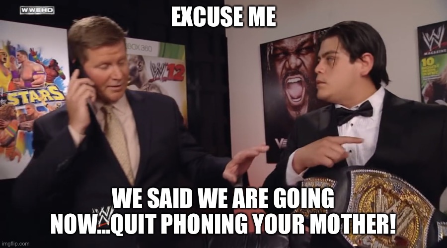 Party time quit phoning Mom | EXCUSE ME; WE SAID WE ARE GOING NOW...QUIT PHONING YOUR MOTHER! | image tagged in we told you,meme,momma boy | made w/ Imgflip meme maker