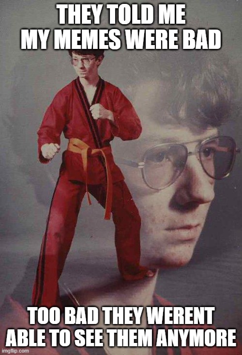 Karate Kyle | THEY TOLD ME MY MEMES WERE BAD; TOO BAD THEY WERENT ABLE TO SEE THEM ANYMORE | image tagged in memes,karate kyle | made w/ Imgflip meme maker