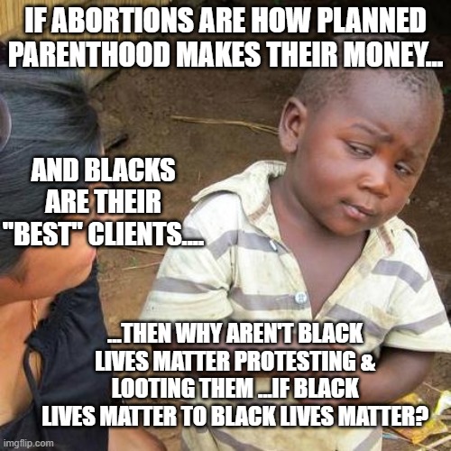 Third World Skeptical Kid | IF ABORTIONS ARE HOW PLANNED PARENTHOOD MAKES THEIR MONEY... AND BLACKS ARE THEIR "BEST" CLIENTS.... ...THEN WHY AREN'T BLACK LIVES MATTER PROTESTING & LOOTING THEM ...IF BLACK LIVES MATTER TO BLACK LIVES MATTER? | image tagged in memes,third world skeptical kid | made w/ Imgflip meme maker