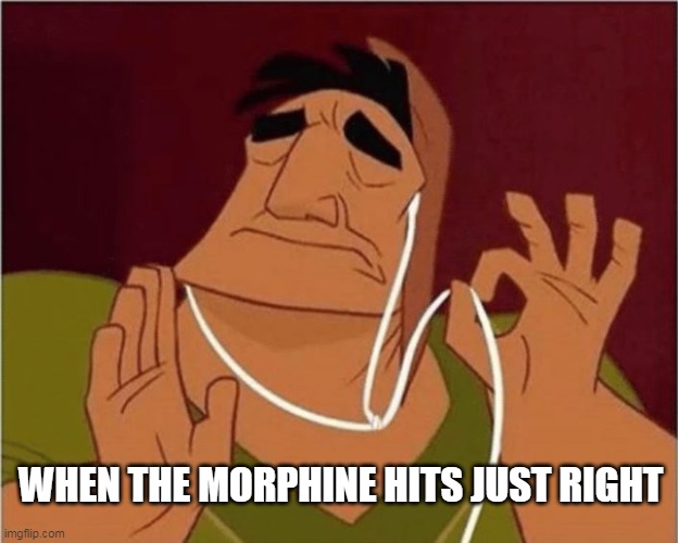 Just When | WHEN THE MORPHINE HITS JUST RIGHT | image tagged in just right,hospital,when x just right | made w/ Imgflip meme maker