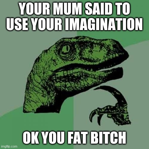 Philosoraptor | YOUR MUM SAID TO USE YOUR IMAGINATION; OK YOU FAT BITCH | image tagged in memes,philosoraptor | made w/ Imgflip meme maker