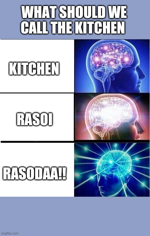 Expanding brain 3 panels | WHAT SHOULD WE CALL THE KITCHEN; KITCHEN; RASOI; RASODAA!! | image tagged in expanding brain 3 panels | made w/ Imgflip meme maker