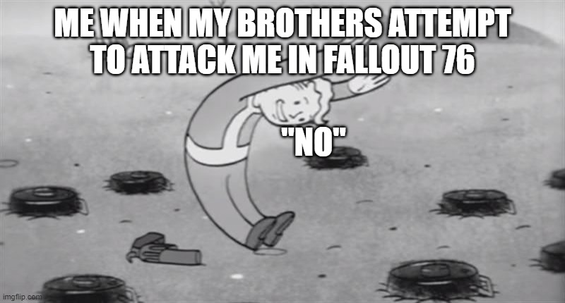 fallout  dodging | ME WHEN MY BROTHERS ATTEMPT TO ATTACK ME IN FALLOUT 76; "NO" | image tagged in fallout dodging | made w/ Imgflip meme maker