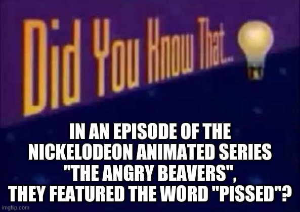 And to think that "Rocko's Modern Life" and "The Ren & Stimpy Show" were not-so-child friendly. | IN AN EPISODE OF THE NICKELODEON ANIMATED SERIES "THE ANGRY BEAVERS", THEY FEATURED THE WORD "PISSED"? | image tagged in did you know that,memes,throwback thursday,angry beavers,nickelodeon,childhood ruined | made w/ Imgflip meme maker