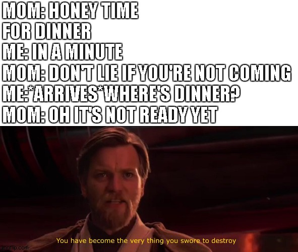why does she keep doing this? | MOM: HONEY TIME FOR DINNER
ME: IN A MINUTE
MOM: DON'T LIE IF YOU'RE NOT COMING
ME:*ARRIVES*WHERE'S DINNER?
MOM: OH IT'S NOT READY YET | image tagged in you became the very thing you swore to destroy | made w/ Imgflip meme maker