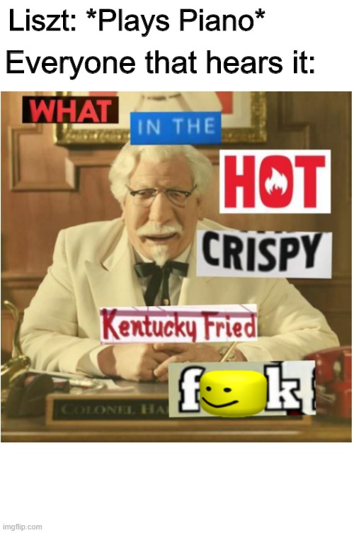 What in the hot crispy kentucky fried frick (censored) | Liszt: *Plays Piano*; Everyone that hears it: | image tagged in what in the hot crispy kentucky fried frick censored,piano | made w/ Imgflip meme maker