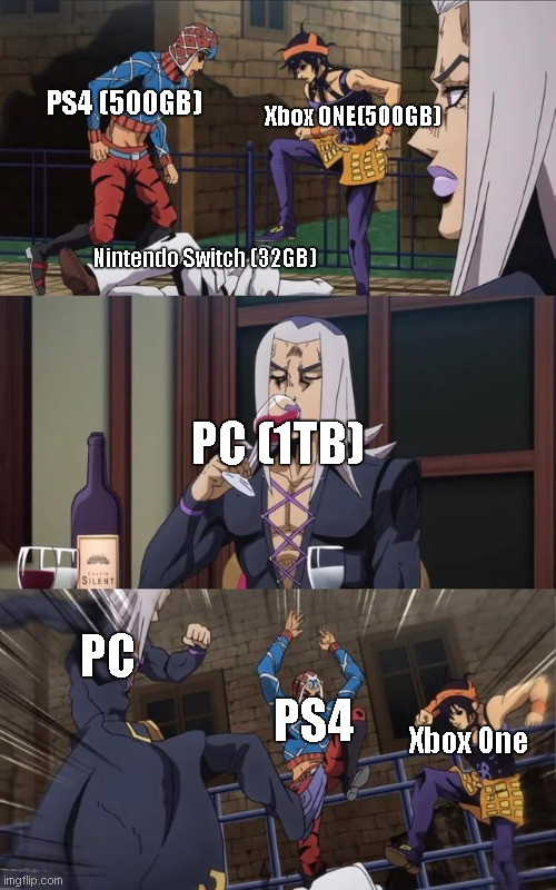 So much space nintendo | PS4 (500GB); Xbox ONE(500GB); Nintendo Switch (32GB); PC (1TB); PC; PS4; Xbox One | image tagged in jojo beating | made w/ Imgflip meme maker