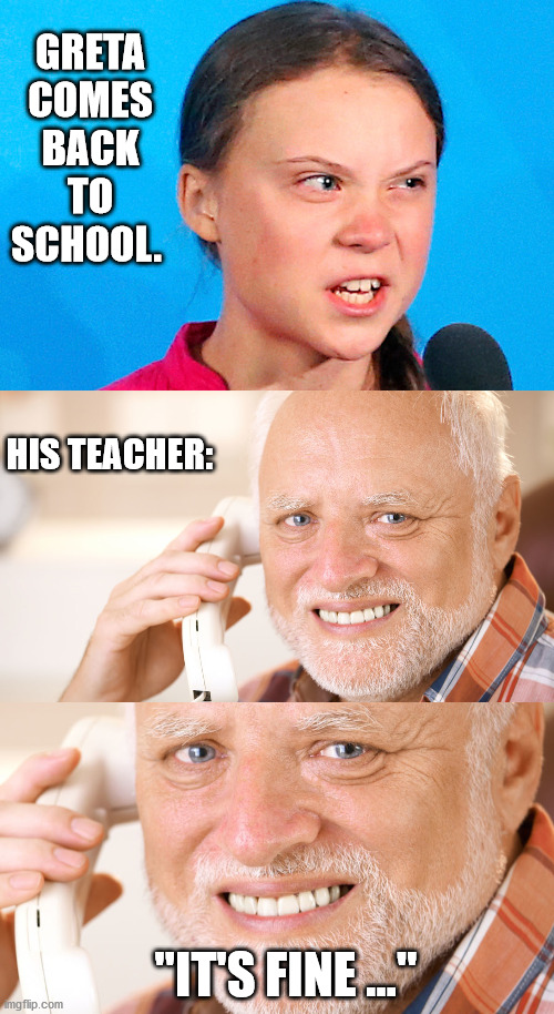 GRETA COMES BACK TO SCHOOL. HIS TEACHER:; "IT'S FINE ..." | image tagged in hide the pain harold phone call,greta thunberg,school | made w/ Imgflip meme maker