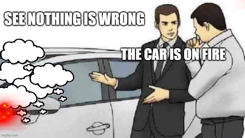 every car scammer | SEE NOTHING IS WRONG; THE CAR IS ON FIRE | image tagged in memes,car salesman slaps roof of car | made w/ Imgflip meme maker