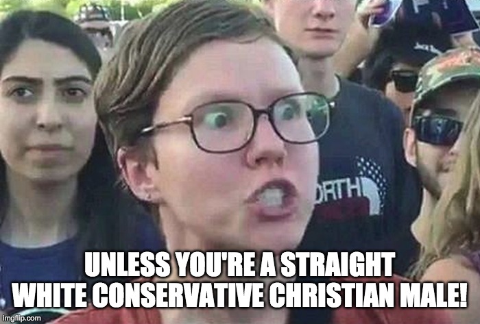 Triggered Liberal | UNLESS YOU'RE A STRAIGHT WHITE CONSERVATIVE CHRISTIAN MALE! | image tagged in triggered liberal | made w/ Imgflip meme maker