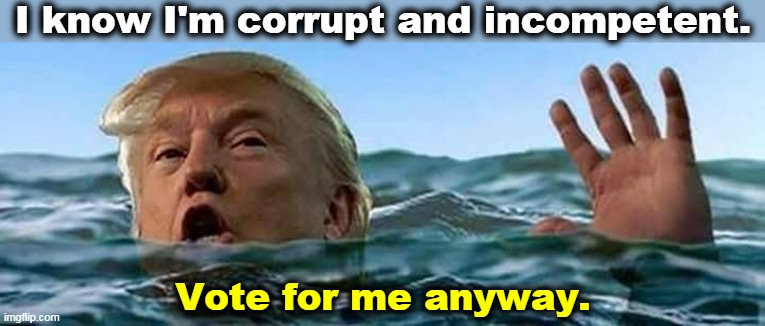 Not up to the job yesterday, not up to the job today, not up to the job tomorrow. | I know I'm corrupt and incompetent. Vote for me anyway. | image tagged in trump drowning in a sea of corruption and incompetence | made w/ Imgflip meme maker