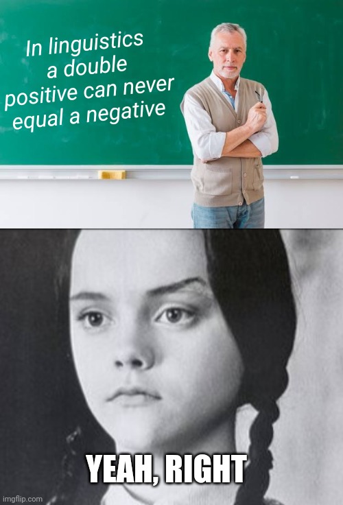 Double Positive |  In linguistics a double positive can never equal a negative; YEAH, RIGHT | image tagged in language,positive,negative,yeah right,funny memes | made w/ Imgflip meme maker