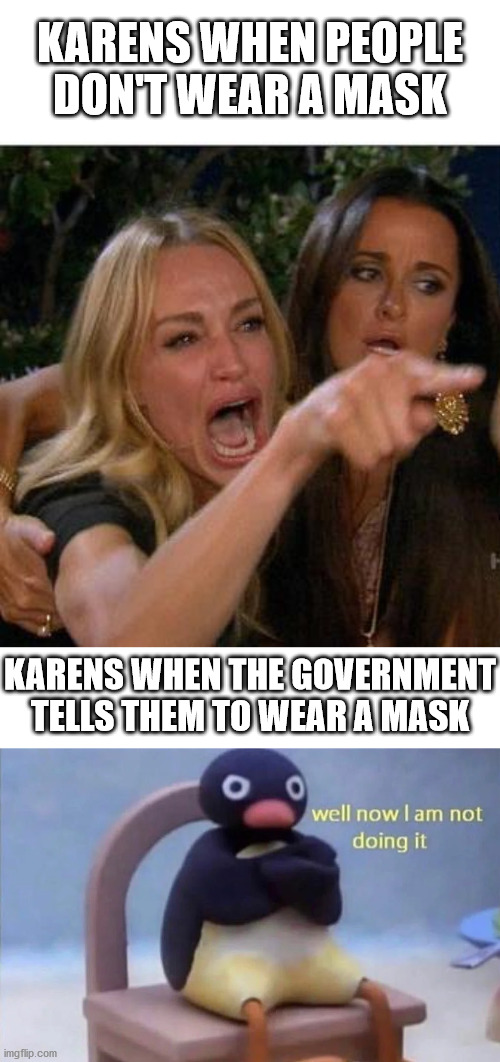KARENS WHEN PEOPLE DON'T WEAR A MASK; KARENS WHEN THE GOVERNMENT TELLS THEM TO WEAR A MASK | image tagged in memes,woman yelling at cat,pingu well now i am not doing it | made w/ Imgflip meme maker