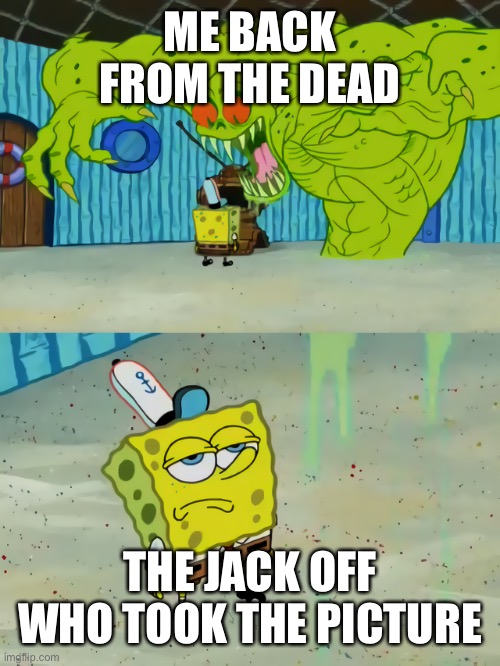 Ghost not scaring Spongebob | ME BACK FROM THE DEAD THE JACK OFF WHO TOOK THE PICTURE | image tagged in ghost not scaring spongebob | made w/ Imgflip meme maker