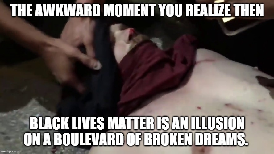 Dead antifa guy | THE AWKWARD MOMENT YOU REALIZE THEN; BLACK LIVES MATTER IS AN ILLUSION ON A BOULEVARD OF BROKEN DREAMS. | image tagged in dead antifa guy | made w/ Imgflip meme maker