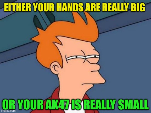 Futurama Fry Meme | EITHER YOUR HANDS ARE REALLY BIG OR YOUR AK47 IS REALLY SMALL | image tagged in memes,futurama fry | made w/ Imgflip meme maker