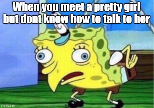 Mocking Spongebob | When you meet a pretty girl but dont know how to talk to her | image tagged in memes,mocking spongebob | made w/ Imgflip meme maker