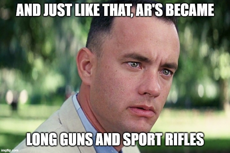 Why are they all of a sudden no longer assault rifles? Have the "woke" actually woken up? | AND JUST LIKE THAT, AR'S BECAME; LONG GUNS AND SPORT RIFLES | image tagged in memes,and just like that,ar15 | made w/ Imgflip meme maker