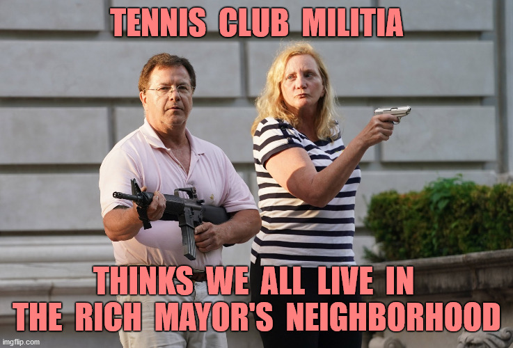 Nobody's Marching on MY Neighborhood | TENNIS  CLUB  MILITIA; THINKS  WE  ALL  LIVE  IN  THE  RICH  MAYOR'S  NEIGHBORHOOD | image tagged in mccloskeys,rnc convention,scare tactics,fear,election,funny memes | made w/ Imgflip meme maker