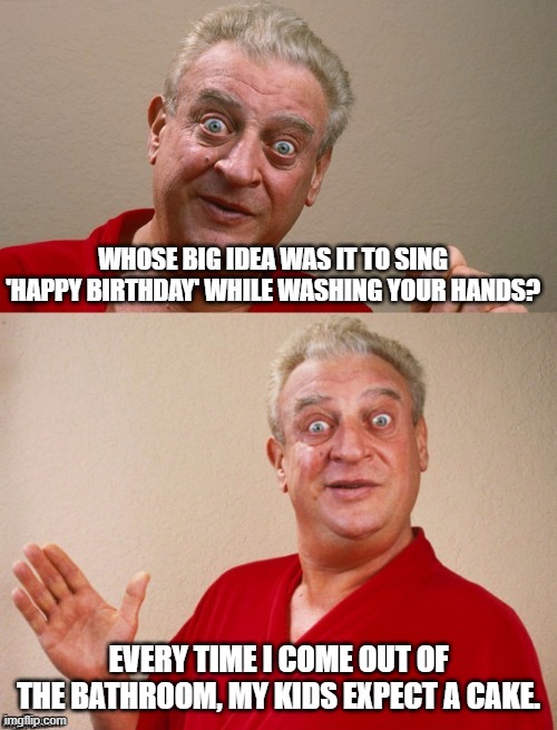 Classic Rodney | WHOSE BIG IDEA WAS IT TO SING 'HAPPY BIRTHDAY' WHILE WASHING YOUR HANDS? EVERY TIME I COME OUT OF THE BATHROOM, MY KIDS EXPECT A CAKE. | image tagged in classic rodney | made w/ Imgflip meme maker