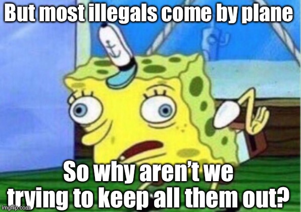 Mocking Spongebob Meme | But most illegals come by plane So why aren’t we trying to keep all them out? | image tagged in memes,mocking spongebob | made w/ Imgflip meme maker