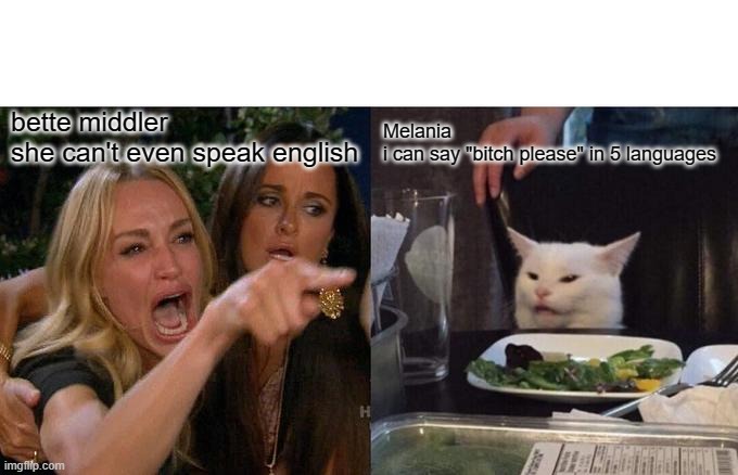 Melania strikes back | Melania
i can say "bitch please" in 5 languages; bette middler
she can't even speak english | image tagged in memes,woman yelling at cat | made w/ Imgflip meme maker