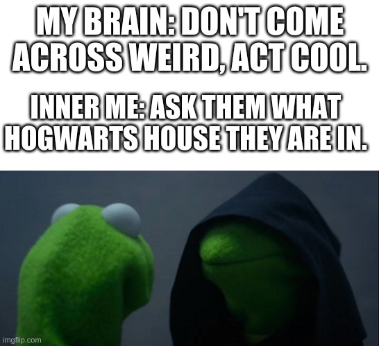 Making memes on computer is so much easier | MY BRAIN: DON'T COME ACROSS WEIRD, ACT COOL. INNER ME: ASK THEM WHAT HOGWARTS HOUSE THEY ARE IN. | image tagged in blank white template,memes,evil kermit | made w/ Imgflip meme maker